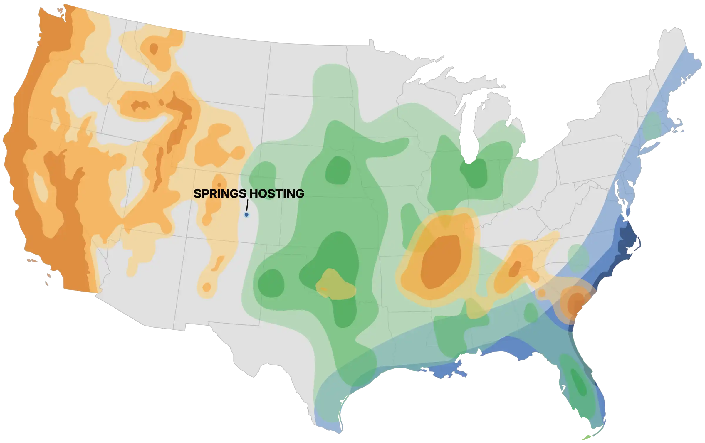 Illustrative United States map showing earthquake, hurricane, and tornado regions, with the Springs Hosting location marked in Colorado
